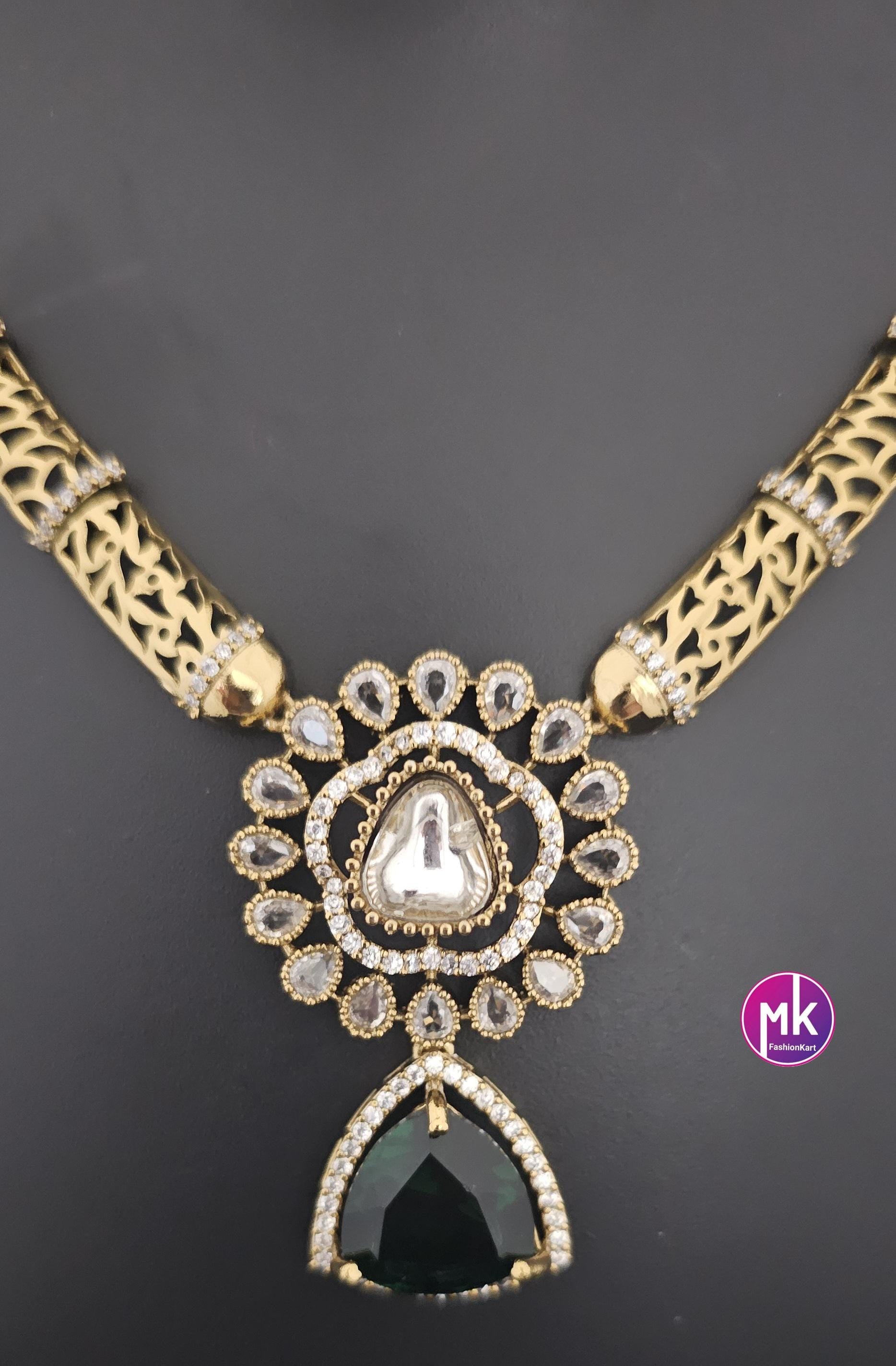 Celebrity style Flower design stone premium Hasli emerald stone necklace with matching Earrings - Fashion Jewelry - Mk Fashionkart