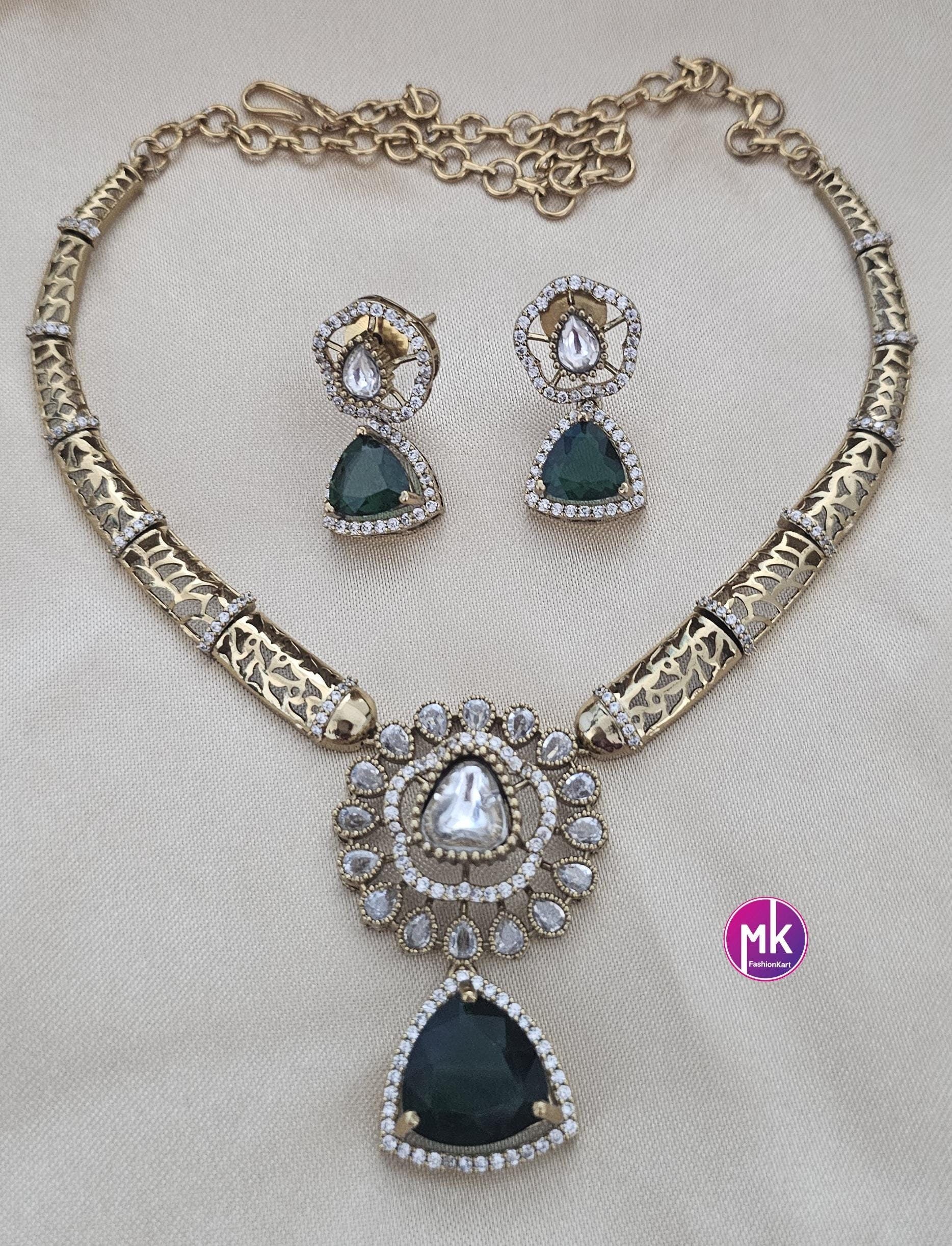 Celebrity style Flower design stone premium Hasli emerald stone necklace with matching Earrings - Fashion Jewelry - Mk Fashionkart
