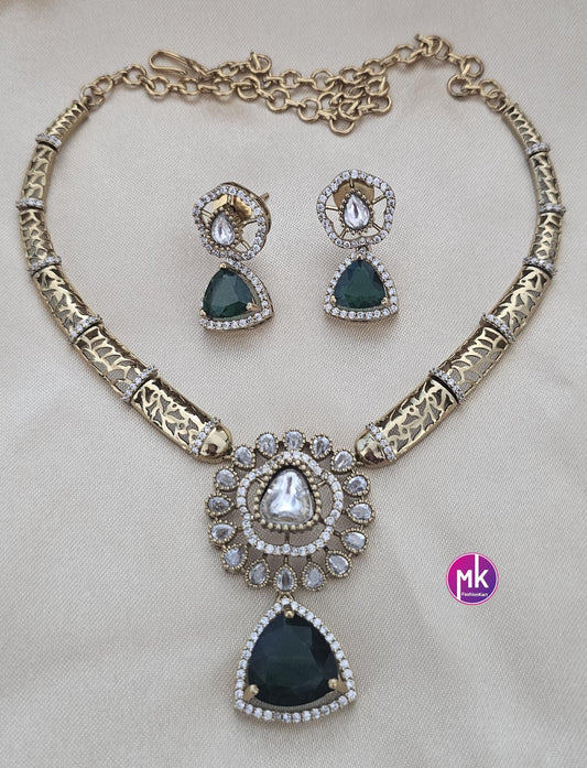 Celebrity style Flower design stone premium Hasli emerald stone necklace with matching Earrings - Fashion Jewelry - Mk Fashionkart