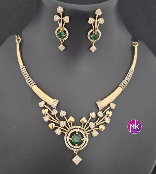 Flower design Hasli AD stone necklace with matching Earrings - Fashion Jewelry - Mk Fashionkart