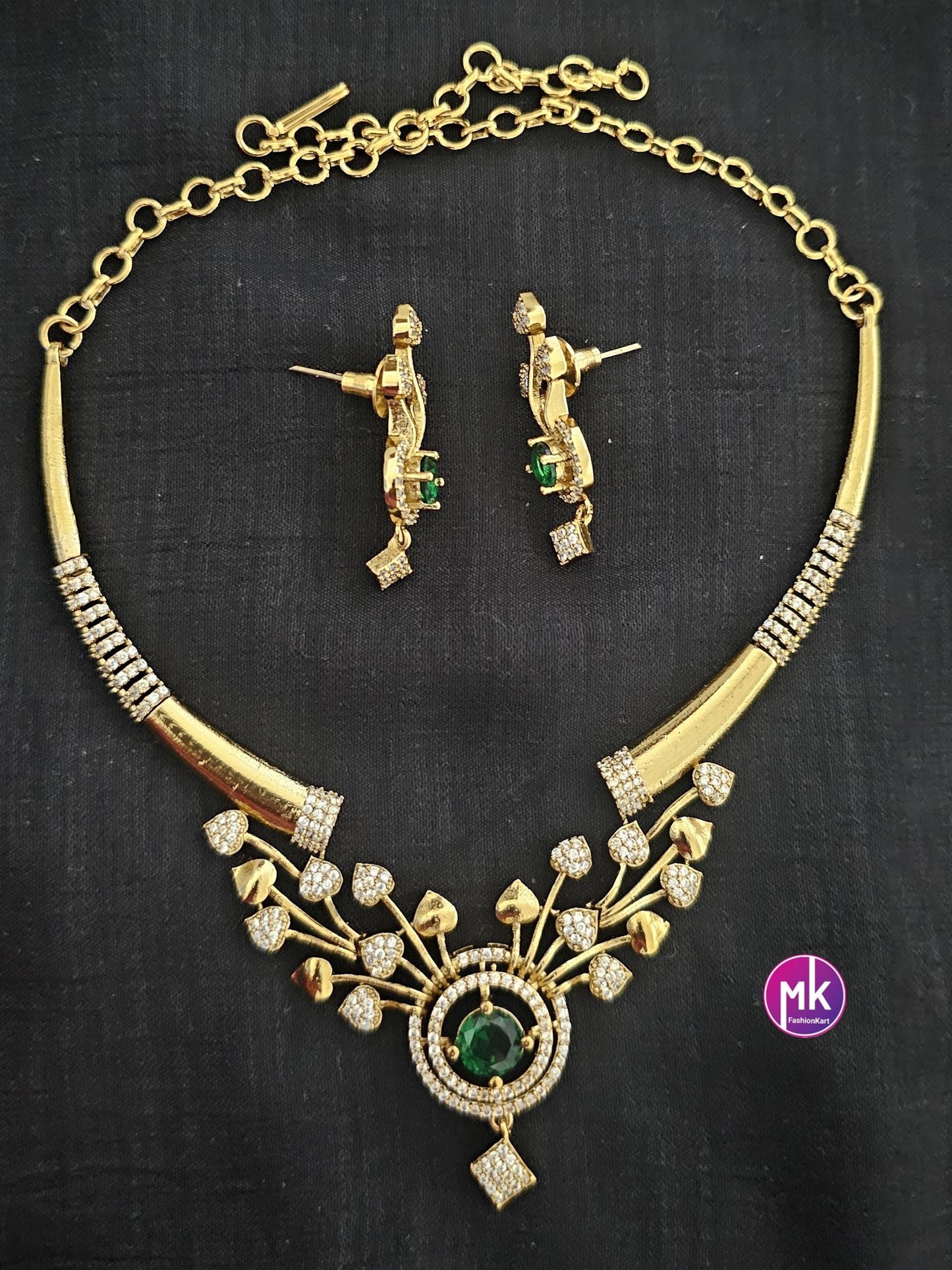 Flower design Hasli AD stone necklace with matching Earrings - Fashion Jewelry - Mk Fashionkart
