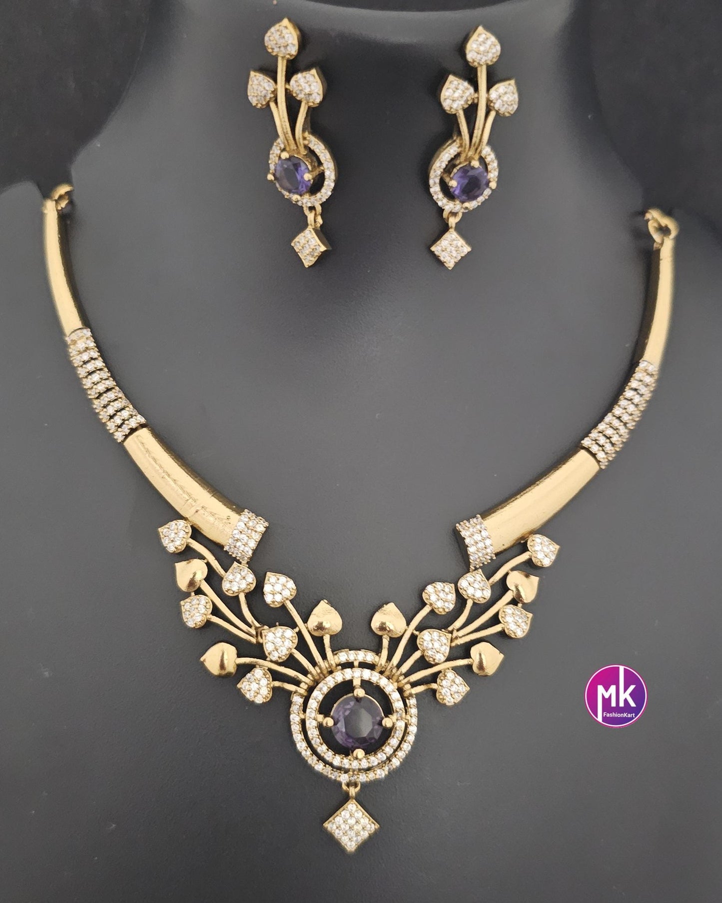 Flower design Hasli AD stone purple necklace with matching Earrings - Fashion Jewelry - Mk Fashionkart