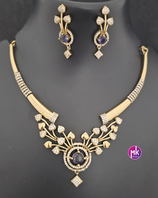 Flower design Hasli AD stone purple necklace with matching Earrings - Fashion Jewelry - Mk Fashionkart