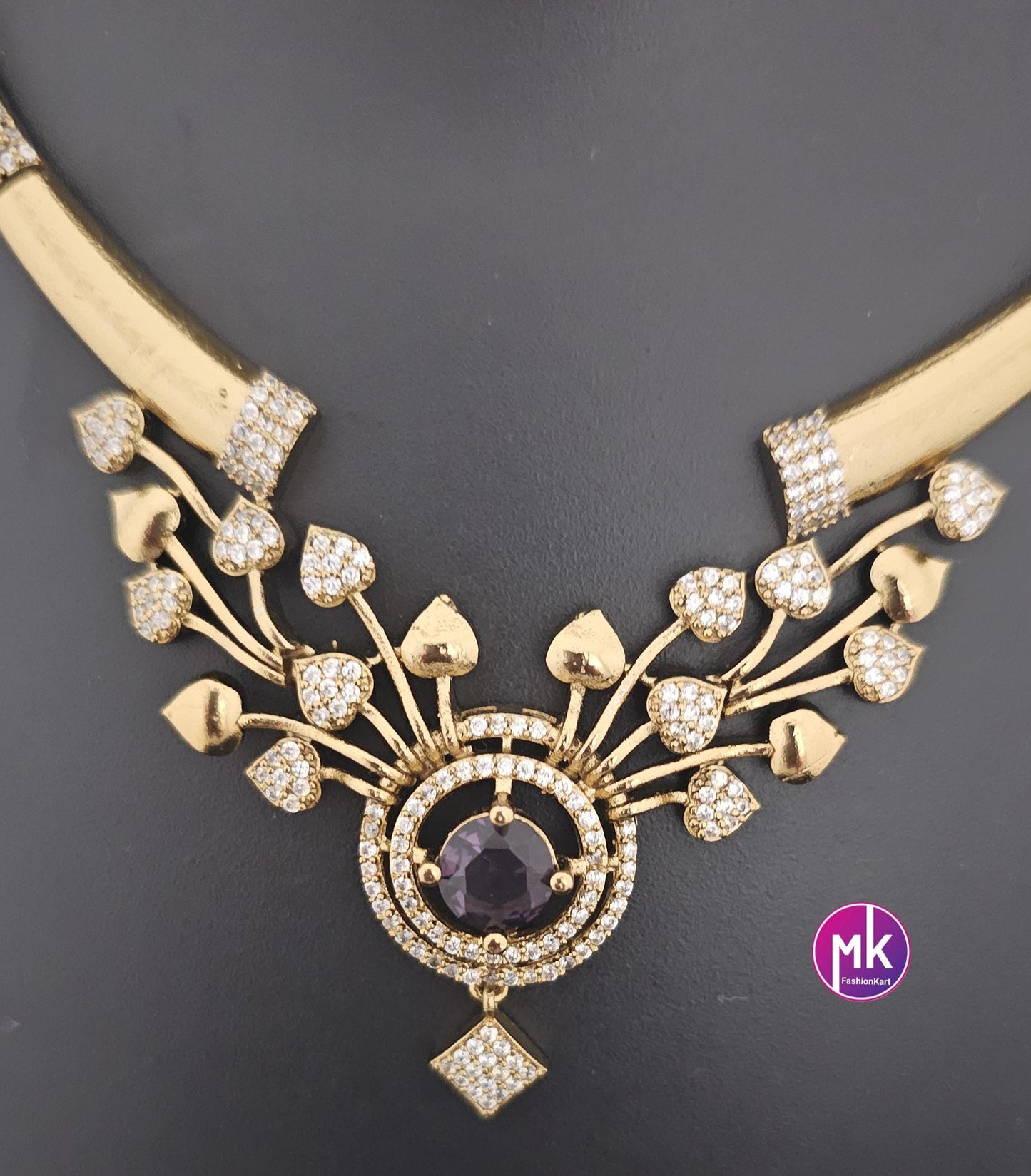 Flower design Hasli AD stone purple necklace with matching Earrings - Fashion Jewelry - Mk Fashionkart