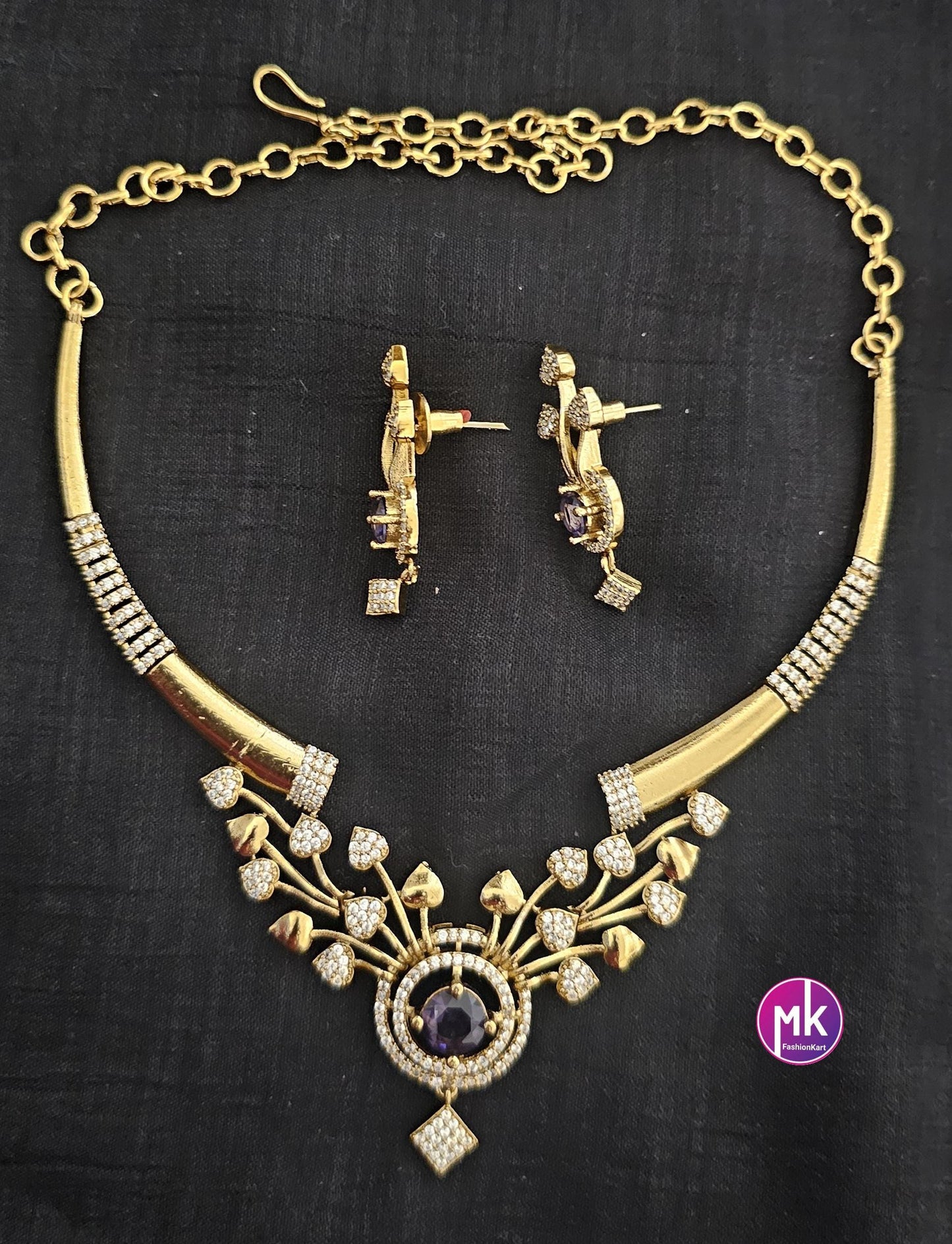 Flower design Hasli AD stone purple necklace with matching Earrings - Fashion Jewelry - Mk Fashionkart