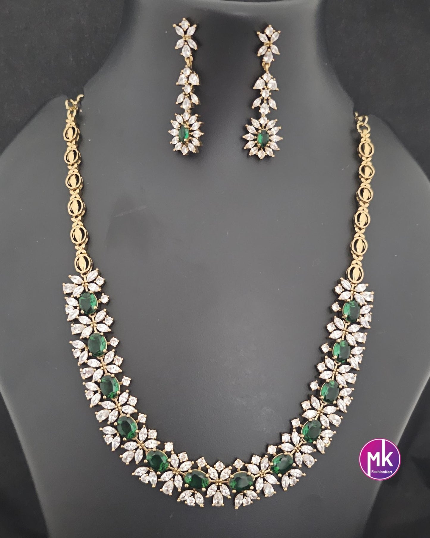 Premium polish gold finish Emerald stone Necklace with AD stones and matching Earrings - MK Fashionkart - Fashion Jewelry