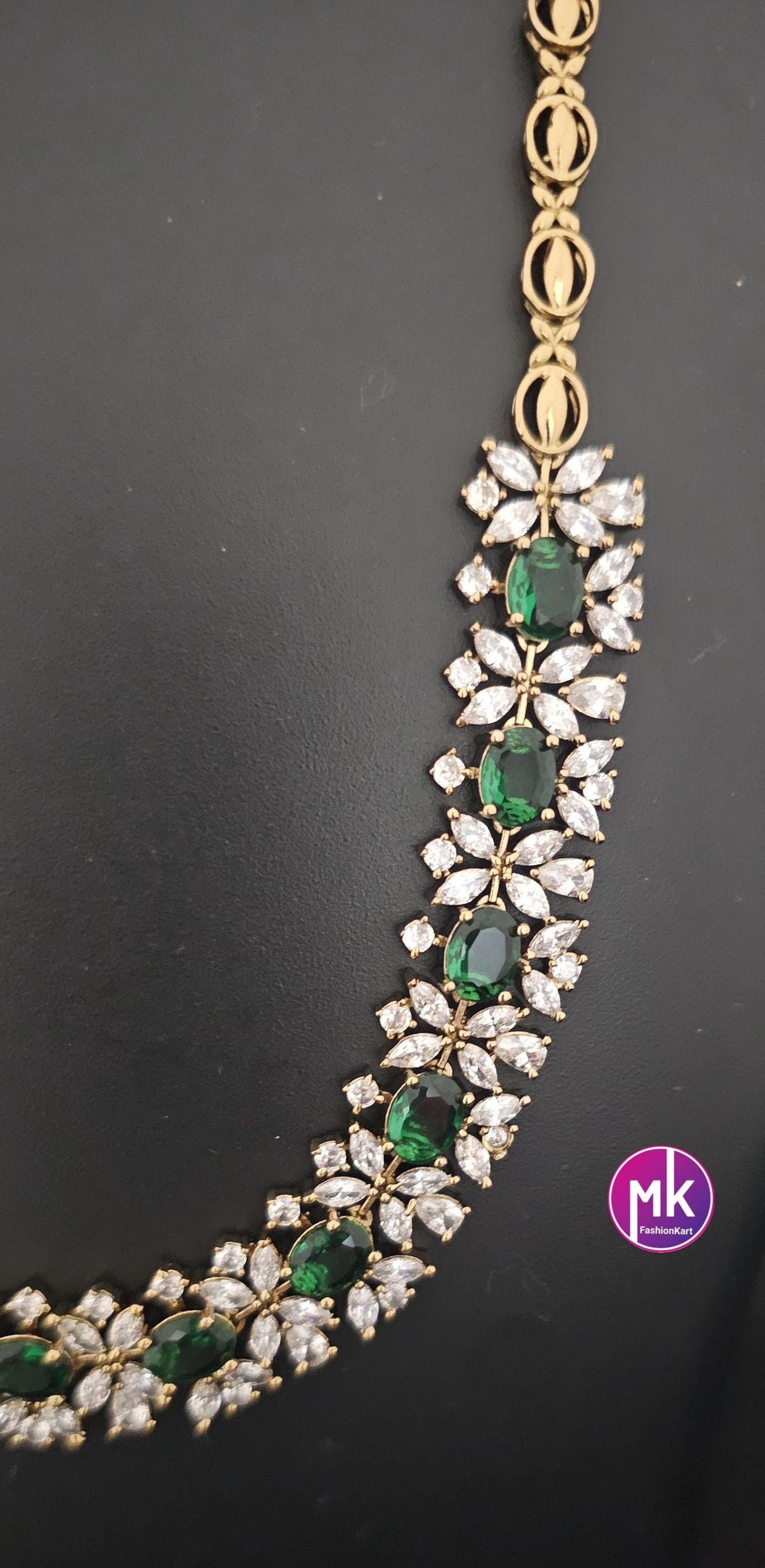 Premium polish gold finish Emerald stone Necklace with AD stones and matching Earrings - MK Fashionkart - Fashion Jewelry