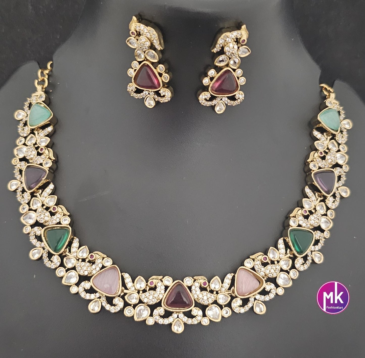 Peacock design Premium quality Multi-color AD/CZ stone Necklace with Earrings - Fashion Jewelry - MK Fashionkart
