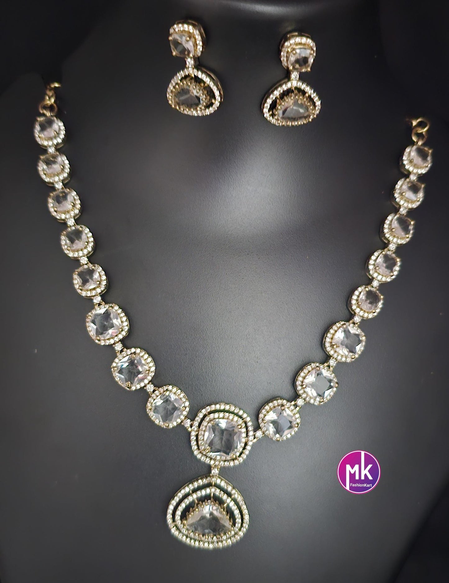 Celebrity Style Premium Quality AD/CZ stone Necklace and Beautiful matching Earrings - Bridal Jewelry - Fashion Jewelry - MK Fashionkart