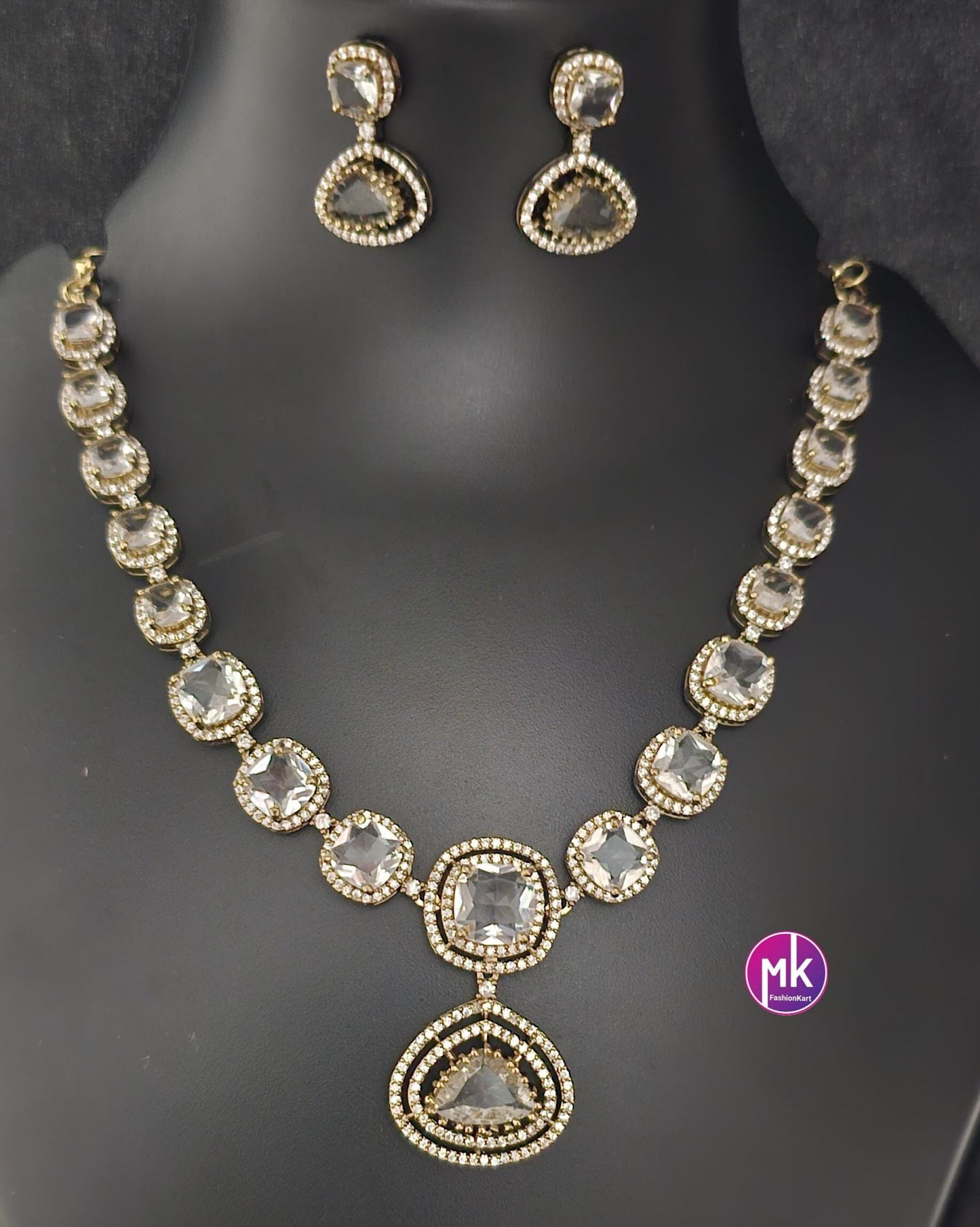 Celebrity Style Premium Quality AD/CZ stone Necklace and Beautiful matching Earrings - Bridal Jewelry - Fashion Jewelry - MK Fashionkart