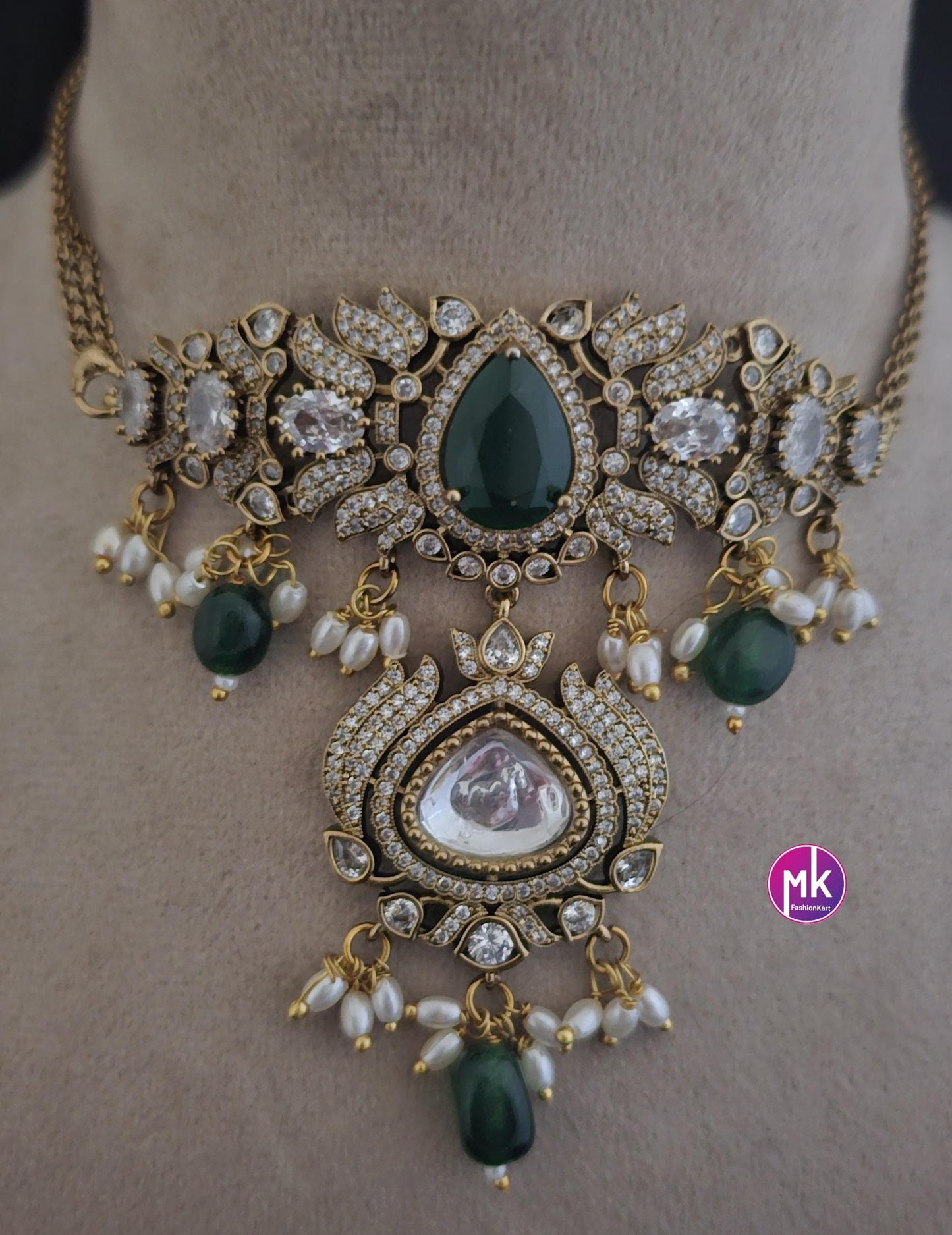 Premium quality Gold finish Emerald and CZ stones Choker cum Necklace with Earrings - MK Fashionkart - Fashion Jewelry