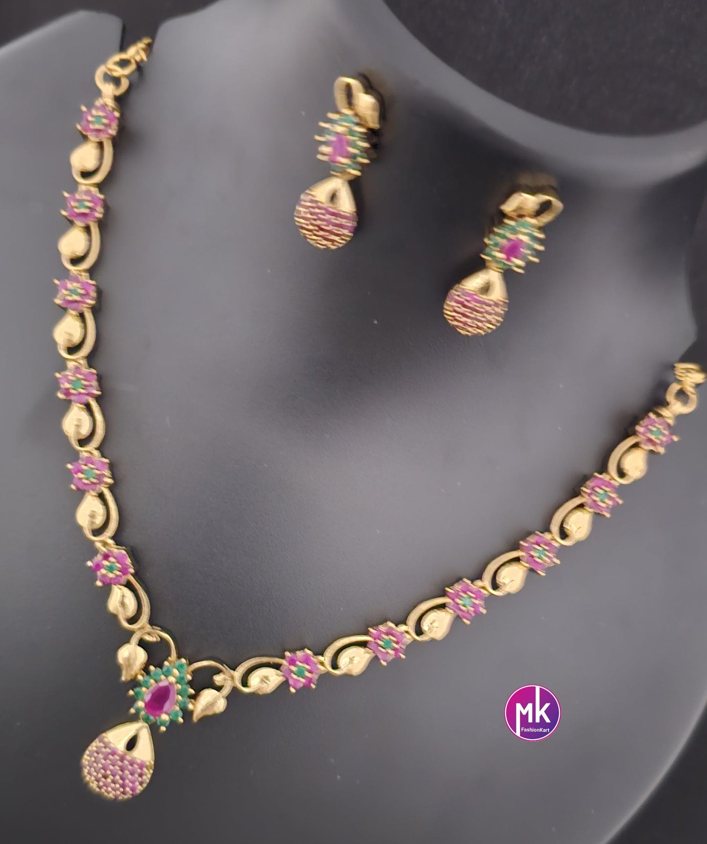 Flower design Premium gold finish AD Ruby stone necklace with matching Earrings - Adult cum Teen Necklace - Fashion Jewelry - MK Fashionkart