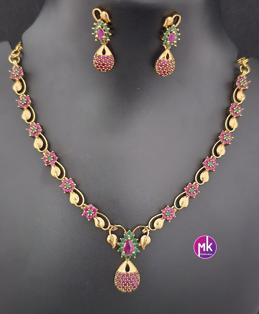 Flower design Premium gold finish AD Ruby stone necklace with matching Earrings - Adult cum Teen Necklace - Fashion Jewelry - MK Fashionkart