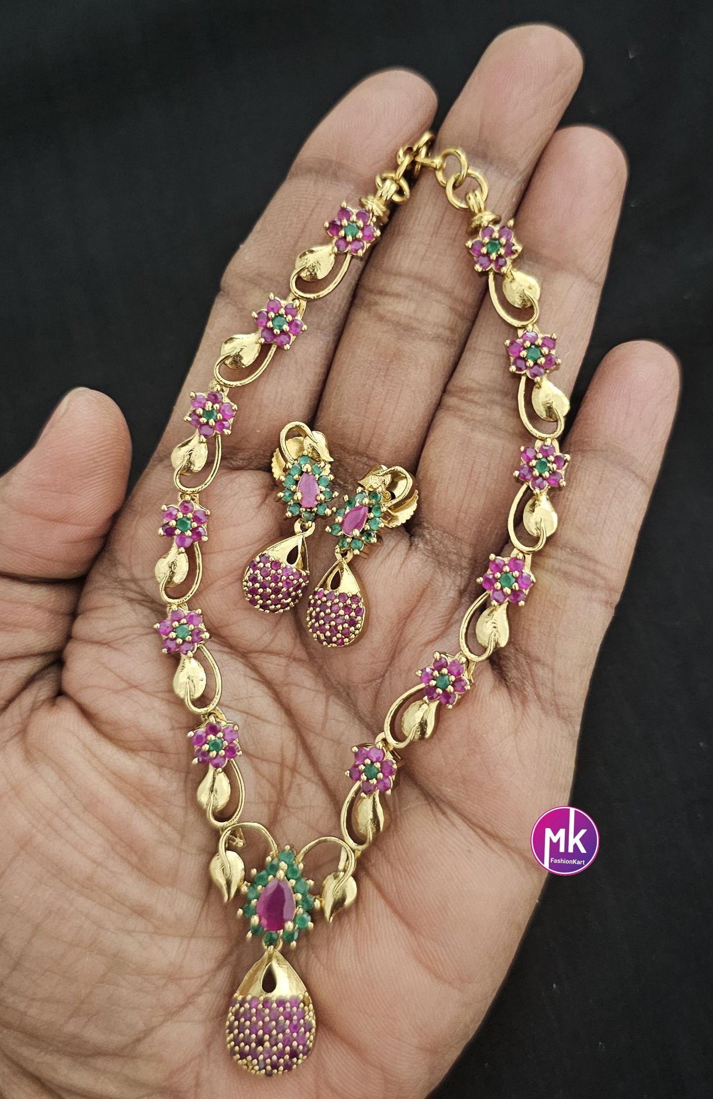 Flower design Premium gold finish AD Ruby stone necklace with matching Earrings - Adult cum Teen Necklace - Fashion Jewelry - MK Fashionkart