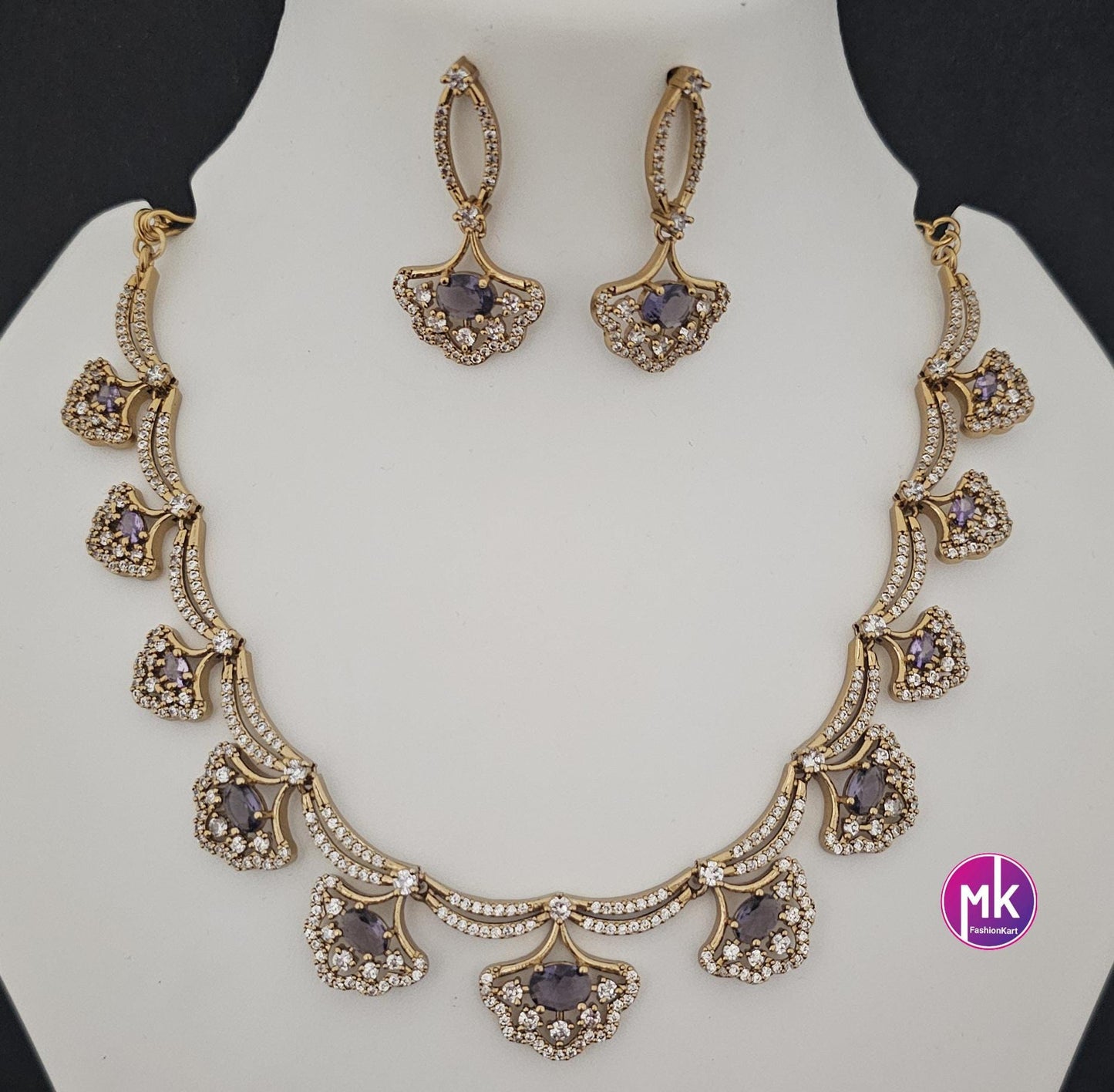 Flower design AD stone purple stone necklace with matching Earrings - Adult cum Teen Necklace - Fashion Jewelry - MK Fashionkart