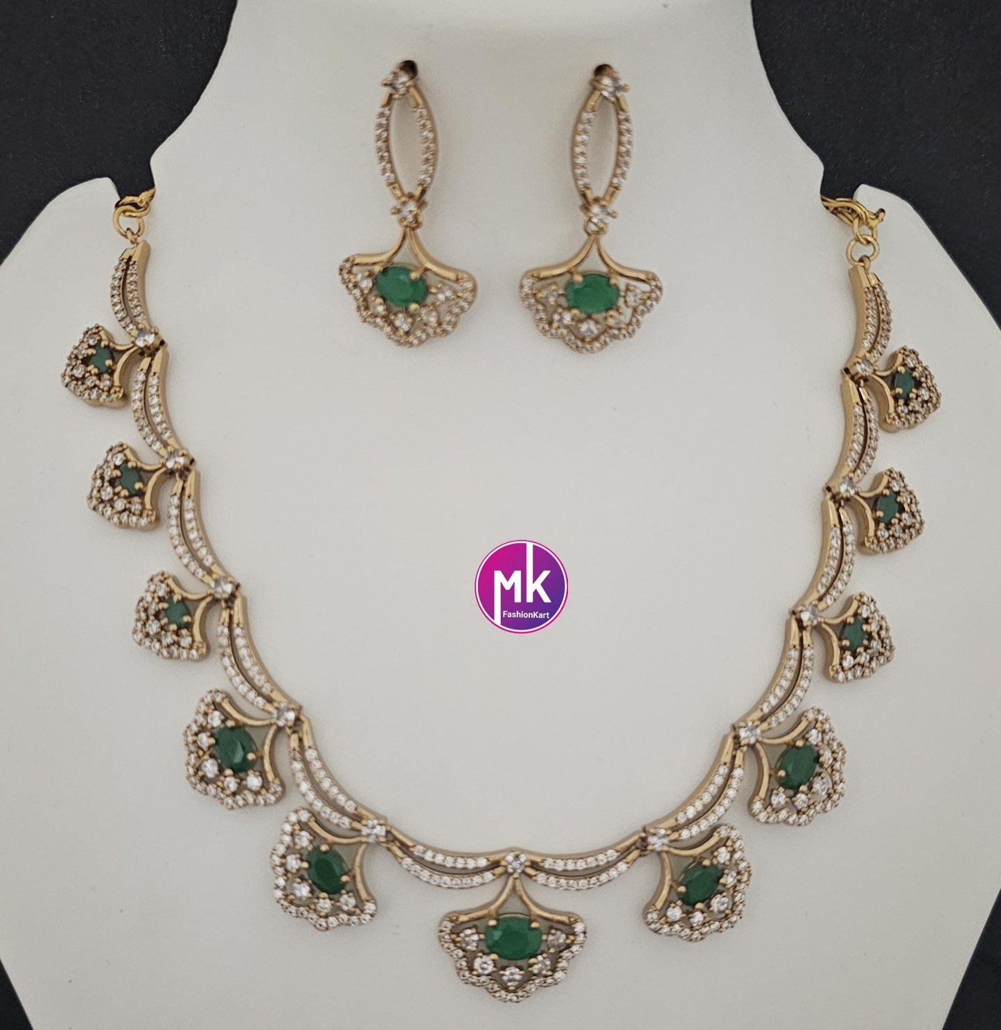 Flower design AD stone Emerald stone necklace with matching Earrings - Adult cum Teen Necklace - Fashion Jewelry - MK Fashionkart