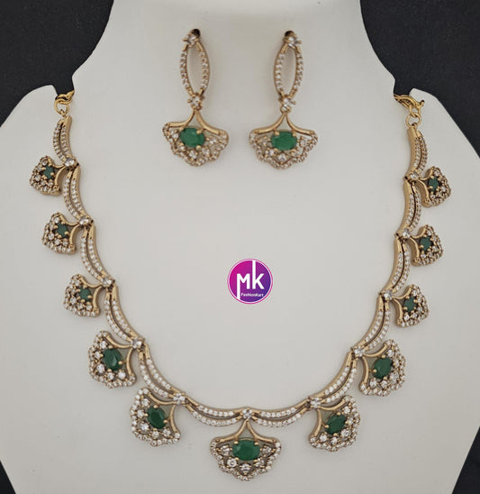 Flower design AD stone Emerald stone necklace with matching Earrings - Adult cum Teen Necklace - Fashion Jewelry - MK Fashionkart