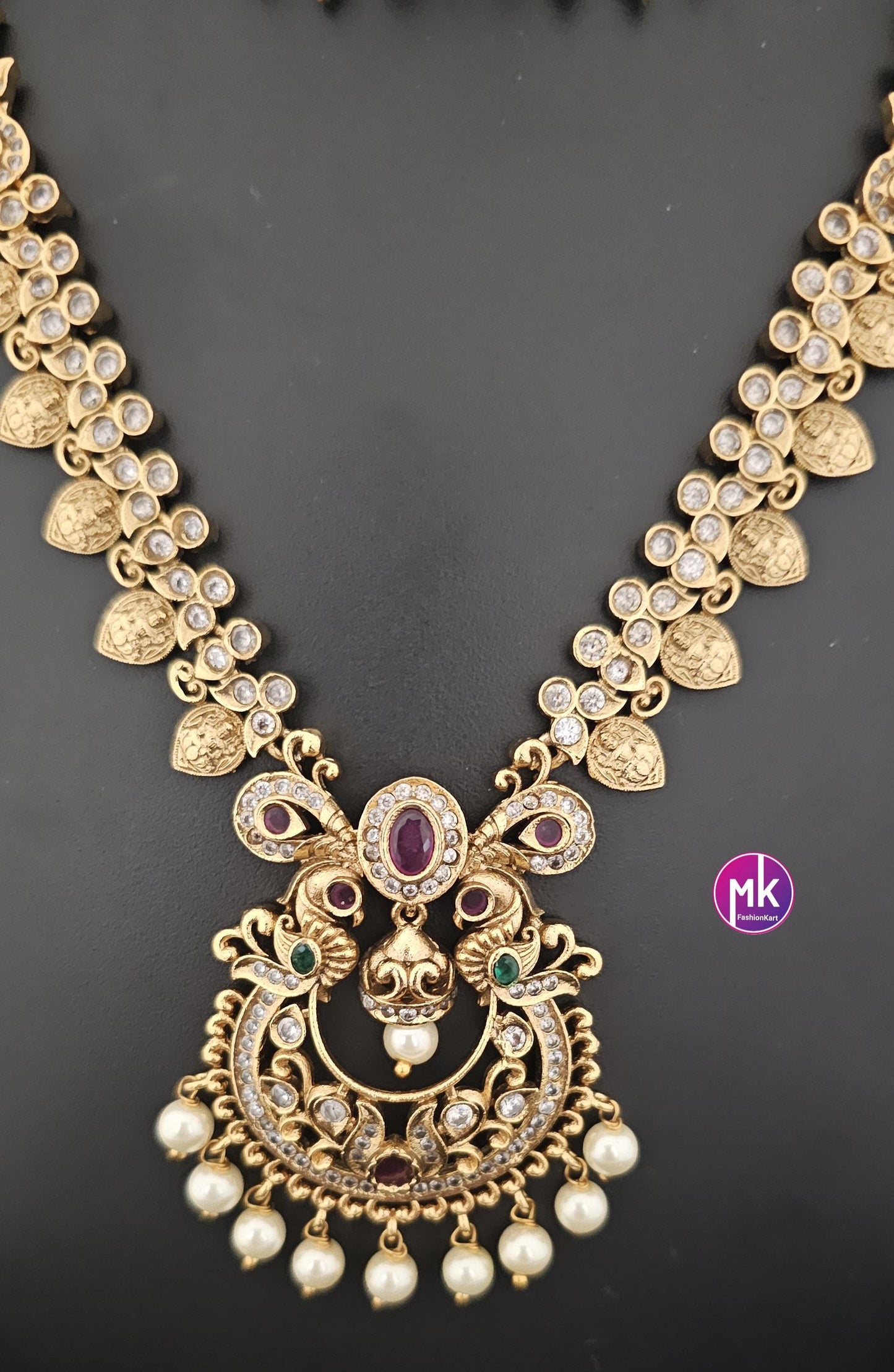 Peacock design Premium Quality Matte gold finish chandbali AD stone big Necklace with pendent matching and Earrings - MK Fashionkart