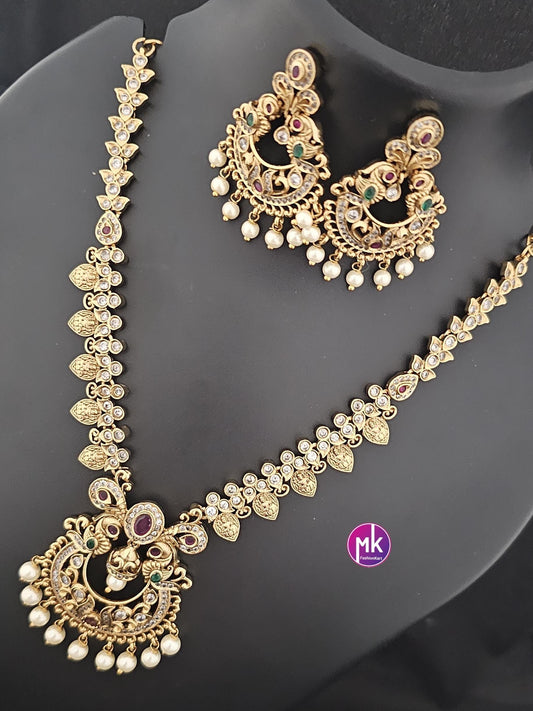 Peacock design Premium Quality Matte gold finish chandbali AD stone big Necklace with pendent matching and Earrings - MK Fashionkart