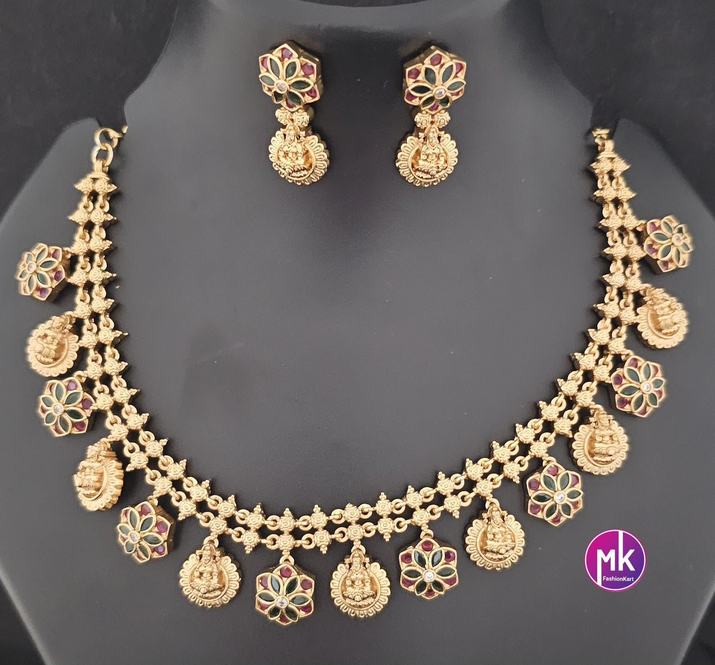 Lakshmi flower design Premium Quality Matte gold finish AD stone Necklace matching Earrings - Fashion Jewelry - MK Fashionkart