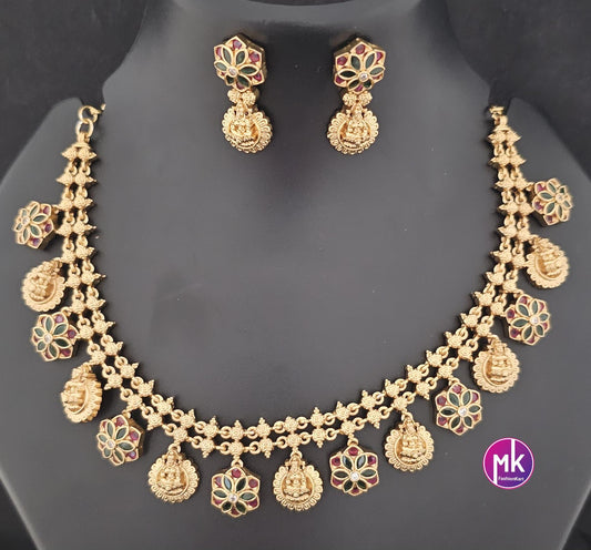 Lakshmi flower design Premium Quality Matte gold finish AD stone Necklace matching Earrings - Fashion Jewelry - MK Fashionkart