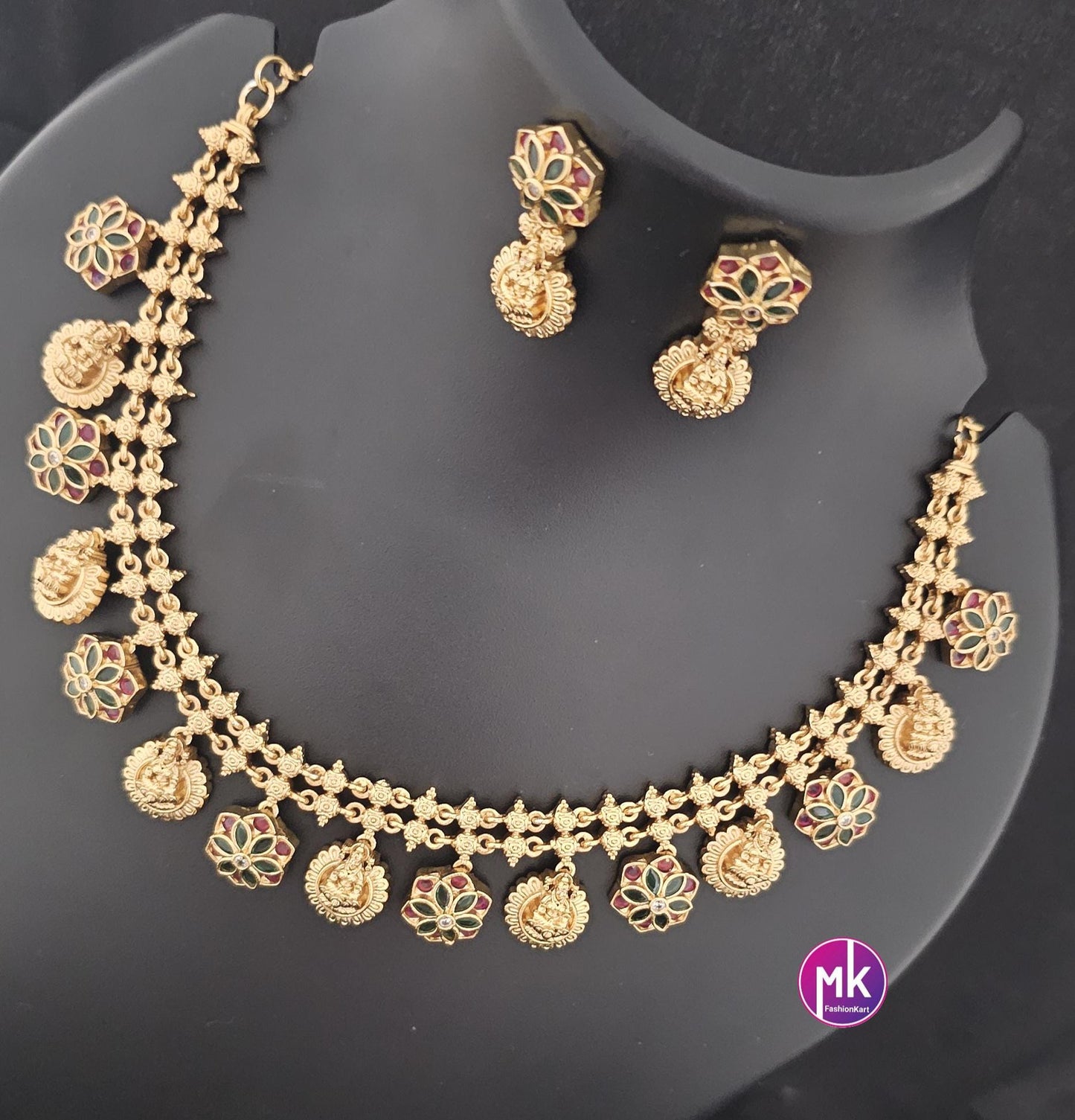 Lakshmi flower design Premium Quality Matte gold finish AD stone Necklace matching Earrings - Fashion Jewelry - MK Fashionkart