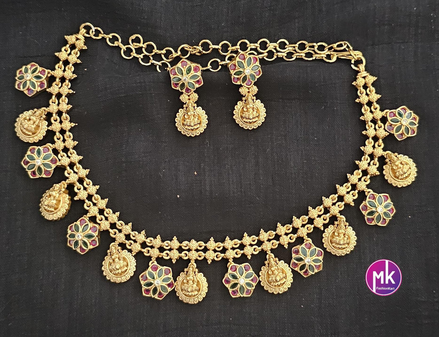 Lakshmi flower design Premium Quality Matte gold finish AD stone Necklace matching Earrings - Fashion Jewelry - MK Fashionkart