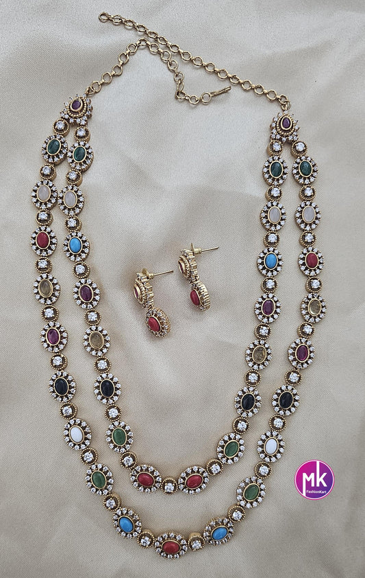 Navarathna Stones Premium Quality Double layer Matte finish Haram with Earrings - MK Fashionkart - Fashion Jewelry