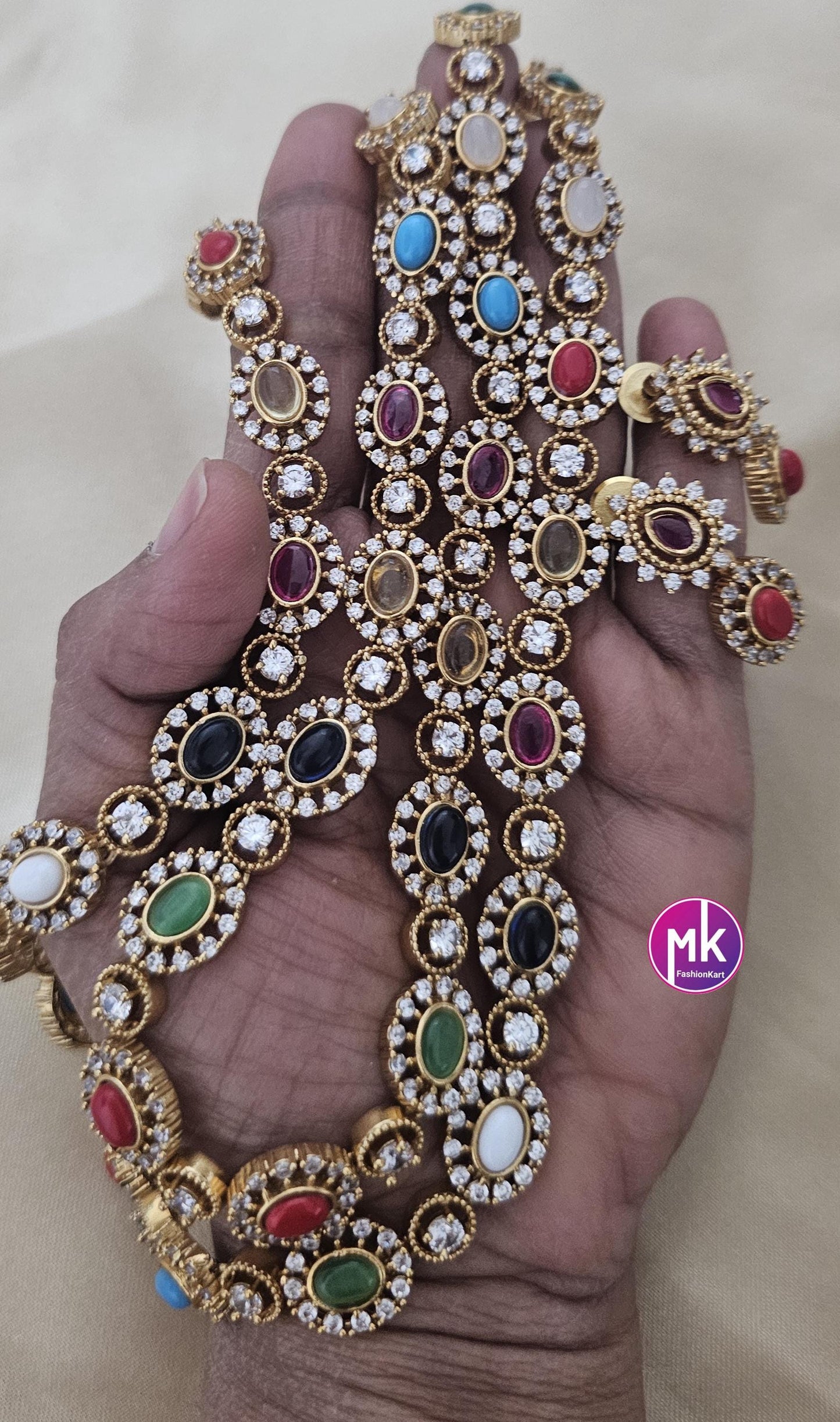 Navarathna Stones Premium Quality Double layer Matte finish Haram with Earrings - MK Fashionkart - Fashion Jewelry