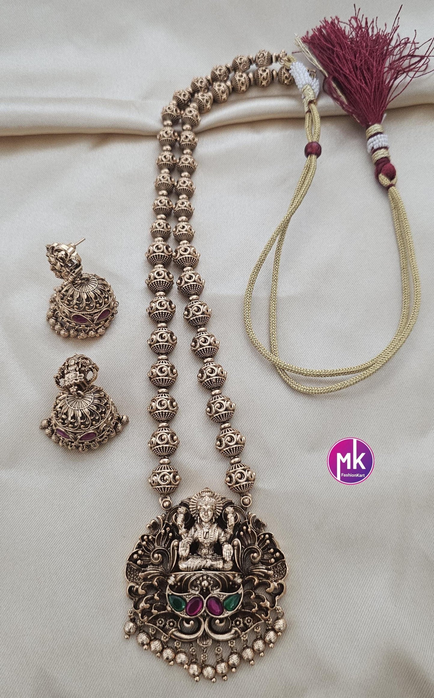 Nakshi Design Premium Matte gold Lakshmi gold finish Haram jadau kundan stone with matching Jhumka - Bridal Jewelry - MK Fashionkart