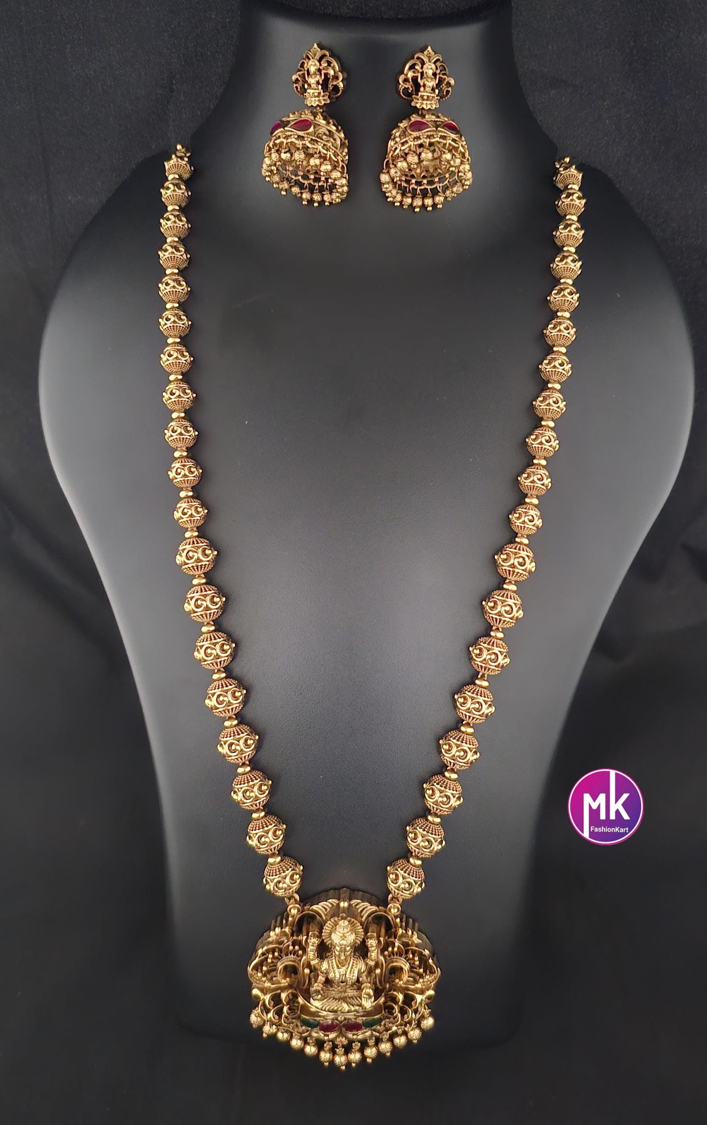 Nakshi Design Premium Matte gold Lakshmi gold finish Haram jadau kundan stone with matching Jhumka - Bridal Jewelry - MK Fashionkart