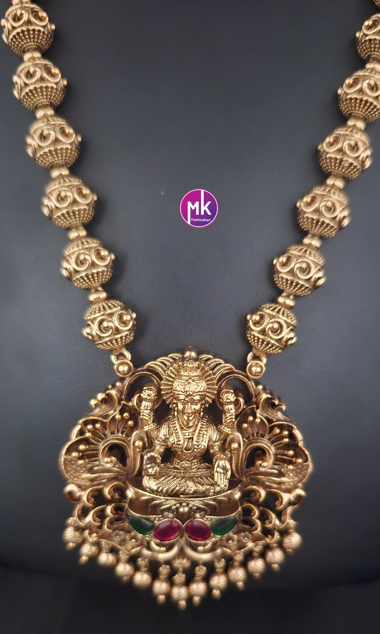 Nakshi Design Premium Matte gold Lakshmi gold finish Haram jadau kundan stone with matching Jhumka - Bridal Jewelry - MK Fashionkart