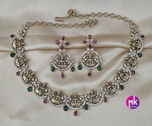 Lakshmi design Premium Quality Matte gold finish AD stone Necklace matching Earrings - Fashion Jewelry - Bridal Necklace - MK Fashionkart