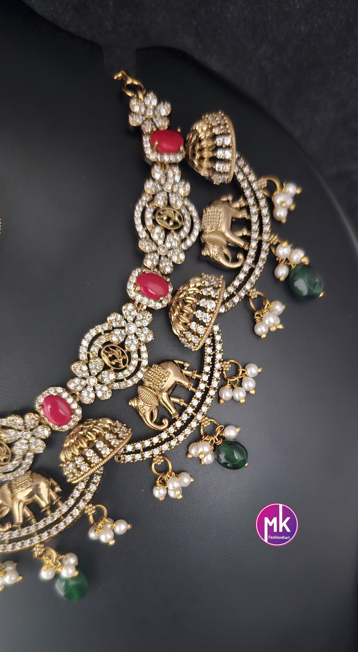 Elephant design Premium Quality Matte gold finish AD stone coral Necklace matching Earrings - Bridal Necklace - MK Fashionkart