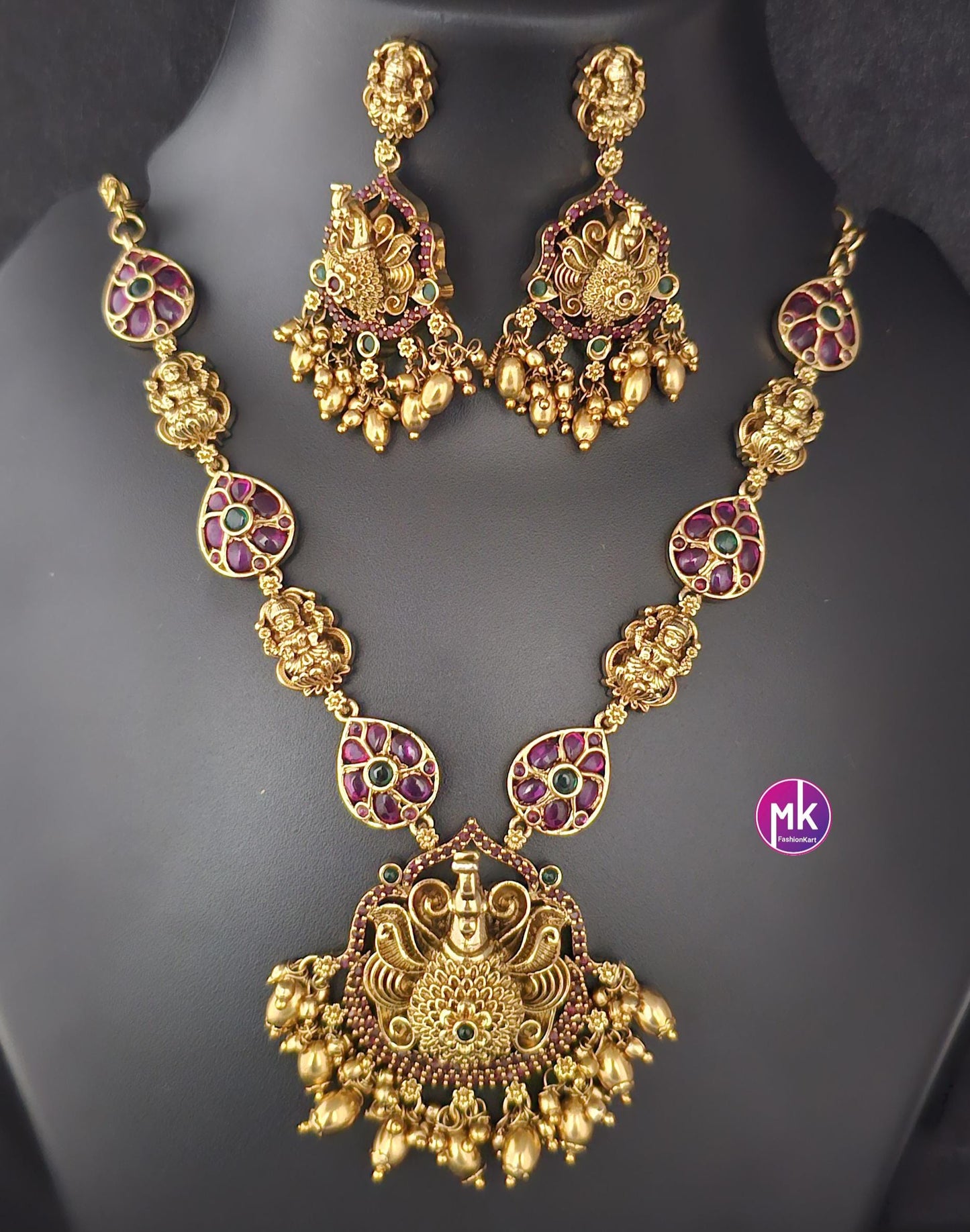 Peacock design matt gold finish Jadau kundan Stone w gold bead hangings Necklace w matching Earrings - Gold Jewelry Replica - MK Fashionkart