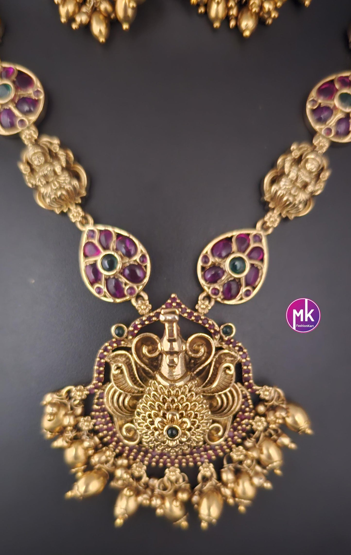 Peacock design matt gold finish Jadau kundan Stone w gold bead hangings Necklace w matching Earrings - Gold Jewelry Replica - MK Fashionkart