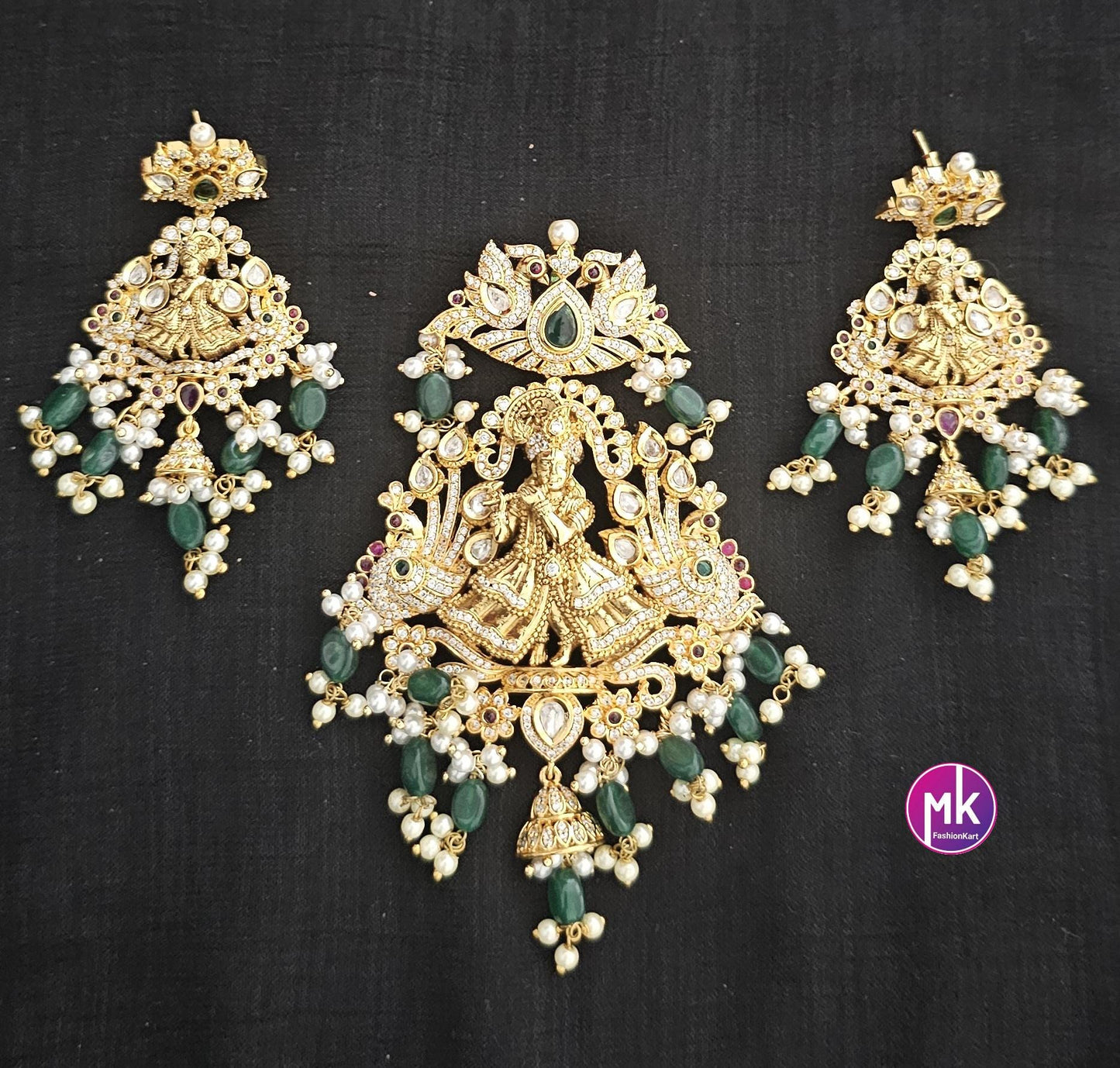Krishna Big Pendent Set - AD and CZ stone Premium quality Matte gold finish Pendent w beautiful big Earrings - Bridal set - MK Fashionkart
