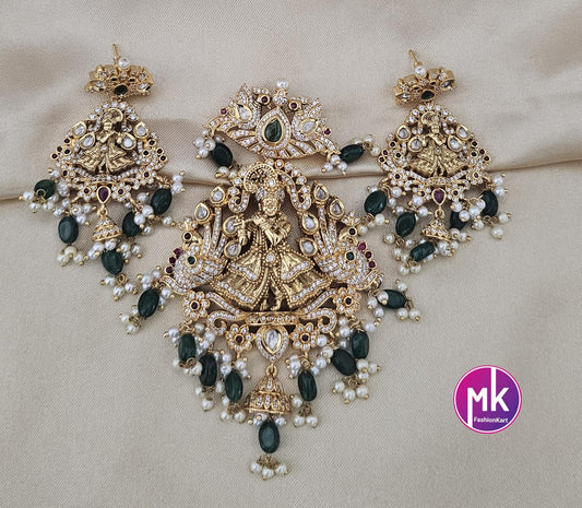 Krishna Big Pendent Set - AD and CZ stone Premium quality Matte gold finish Pendent w beautiful big Earrings - Bridal set - MK Fashionkart
