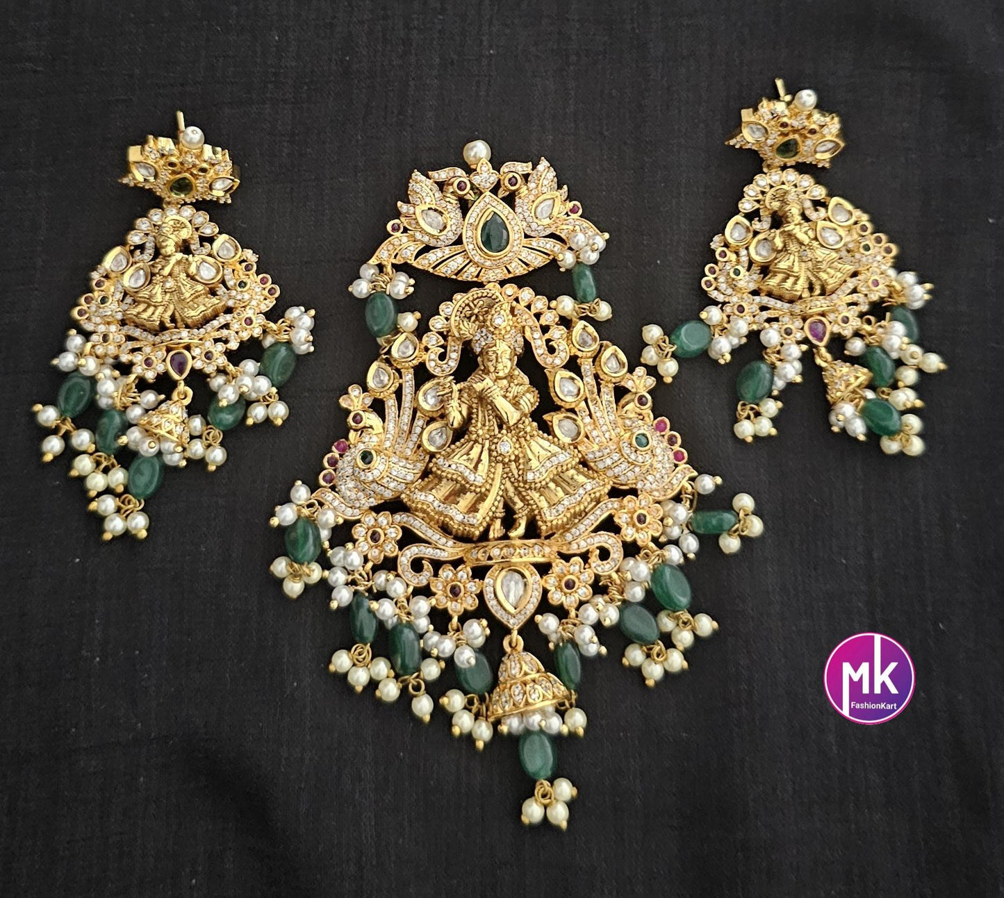 Krishna Big Pendent Set - AD and CZ stone Premium quality Matte gold finish Pendent w beautiful big Earrings - Bridal set - MK Fashionkart