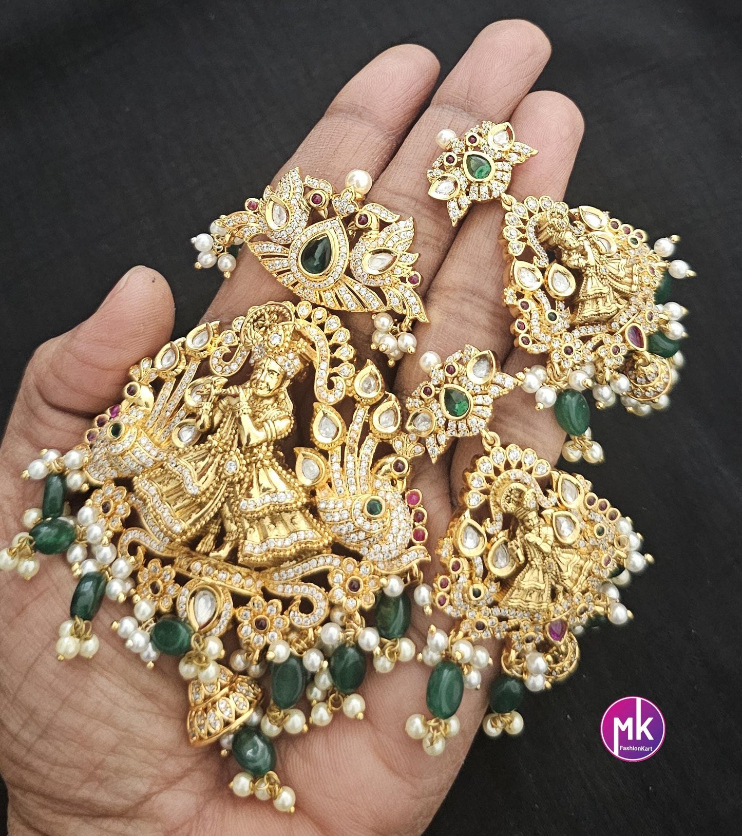 Krishna Big Pendent Set - AD and CZ stone Premium quality Matte gold finish Pendent w beautiful big Earrings - Bridal set - MK Fashionkart