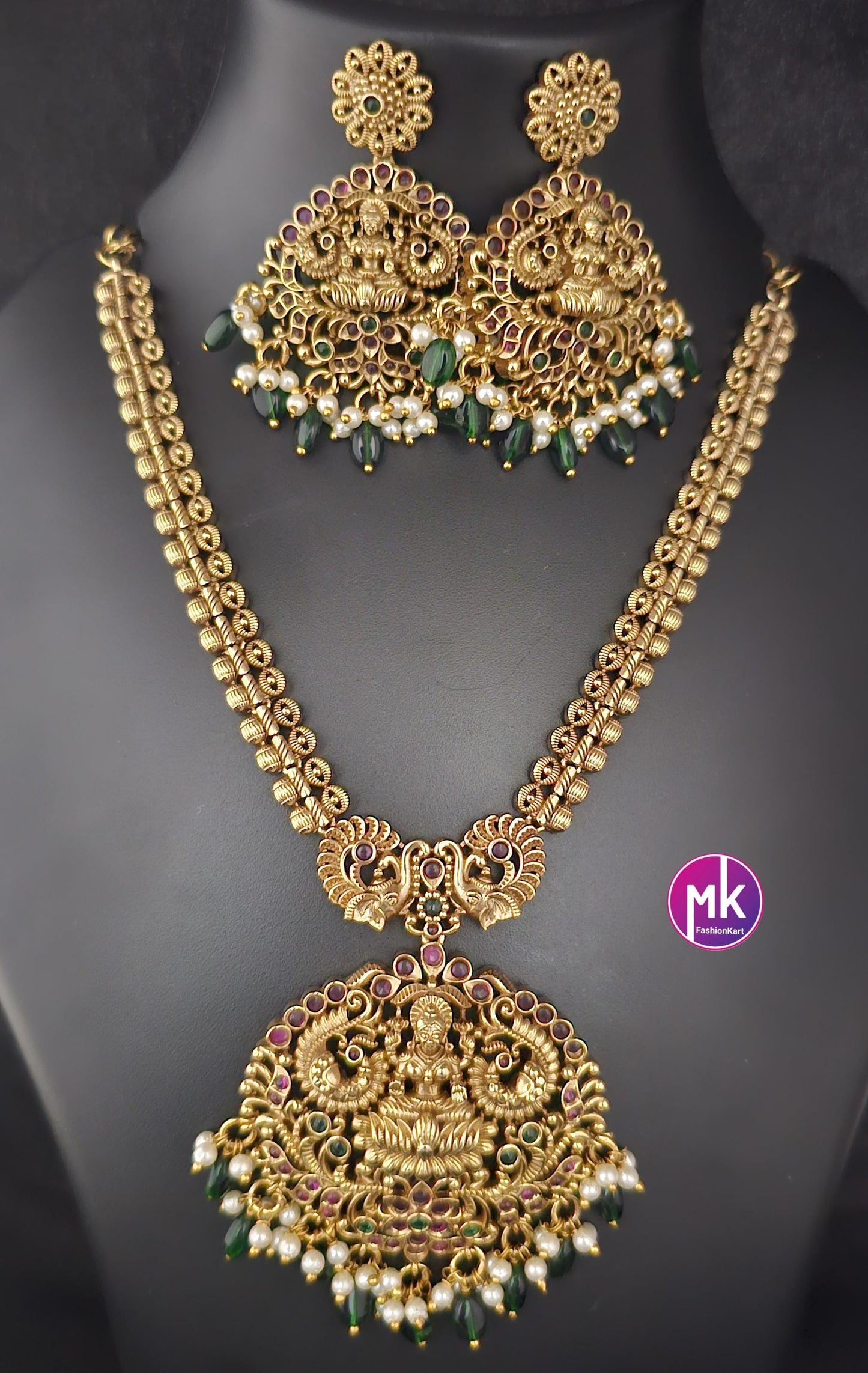 Lakshmi design Premium Quality Matte gold finish AD stone big Necklace with pendent matching and Earrings - MK Fashionkart
