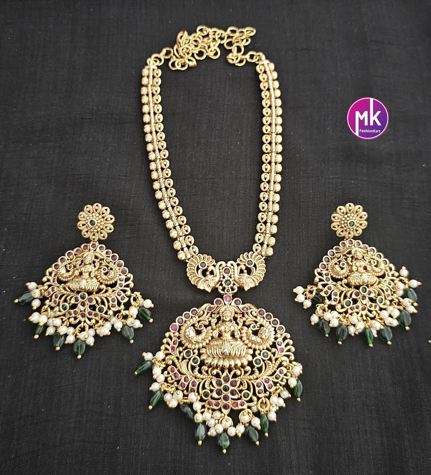 Lakshmi design Premium Quality Matte gold finish AD stone big Necklace with pendent matching and Earrings - MK Fashionkart
