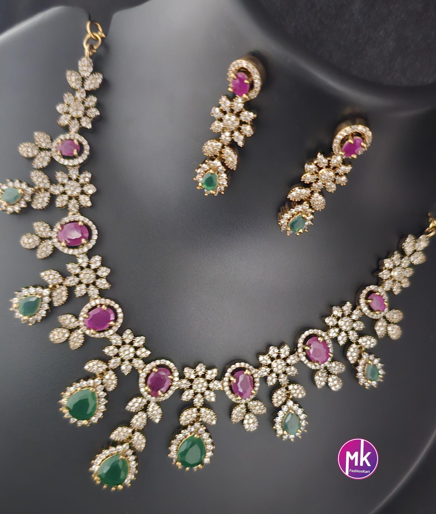 Beautiful Flower design AD stone Multi-color stone Bridal necklace with matching Earrings - Fashion Jewelry - MK Fashionkart