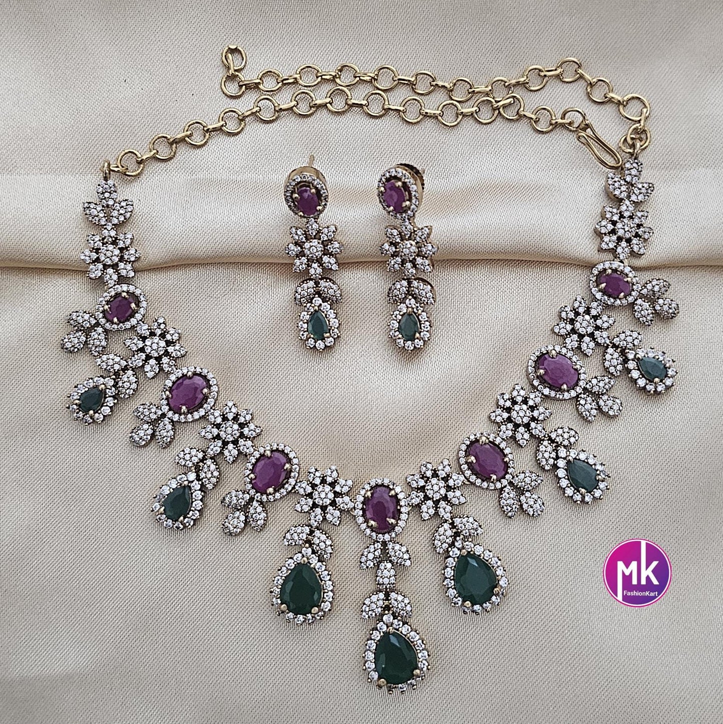Beautiful Flower design AD stone Multi-color stone Bridal necklace with matching Earrings - Fashion Jewelry - MK Fashionkart