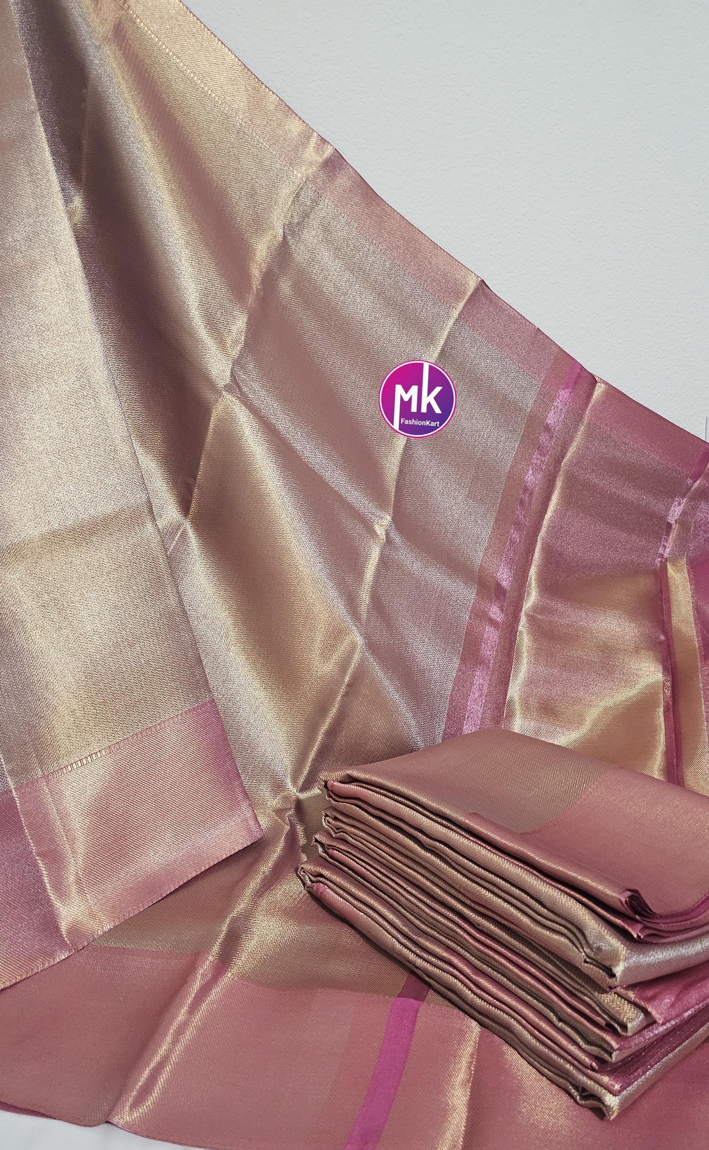 Celebrity Style (Jyothika Ma'am Inspired) Banarasi Fancy Tissue Soft Silk Saree w running blouse (unstitched) - Dual Shade Gold Pink Saree