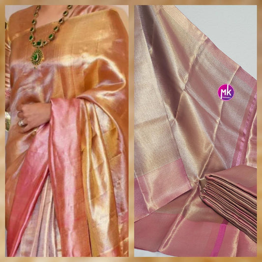 Celebrity Style (Jyothika Ma'am Inspired) Banarasi Fancy Tissue Soft Silk Saree w running blouse (unstitched) - Dual Shade Gold Pink Saree
