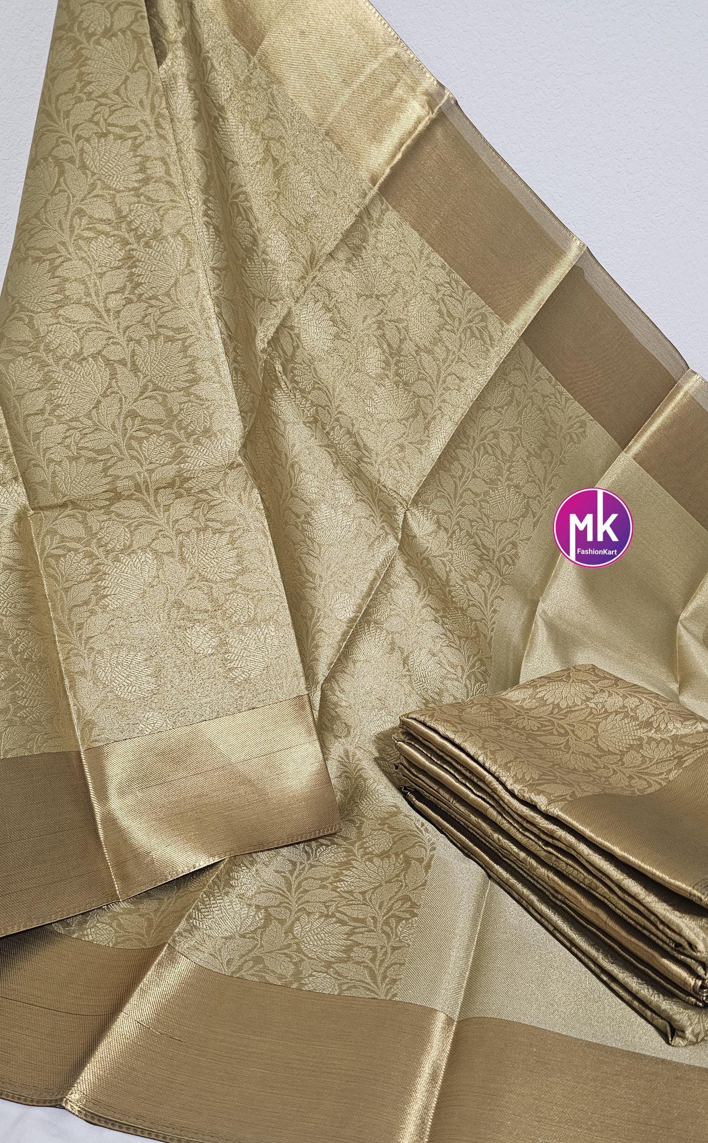 Celebrity Style (Nita Ambani Inspired) Banarasi Brocade Tissue Silk Saree w floral design Embossed saree w running blouse (unstitched)