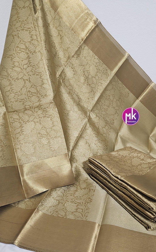 Celebrity Style (Nita Ambani Inspired) Banarasi Brocade Tissue Silk Saree w floral design Embossed saree w running blouse (unstitched)