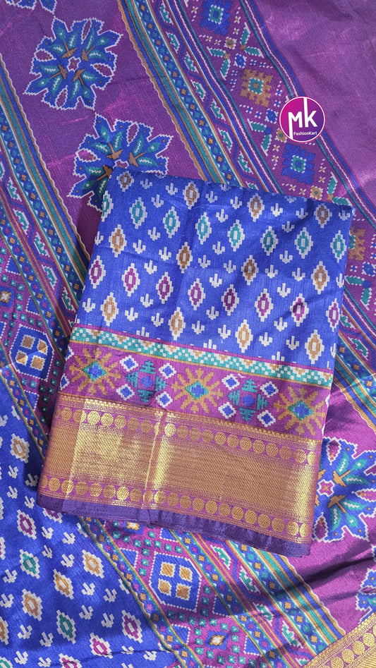 Semi Ikkath Silk Saree ikkath & pochampalli print - Rich pallu weaving border - Saree with running blouse (unstitched) - MK Fashionkart