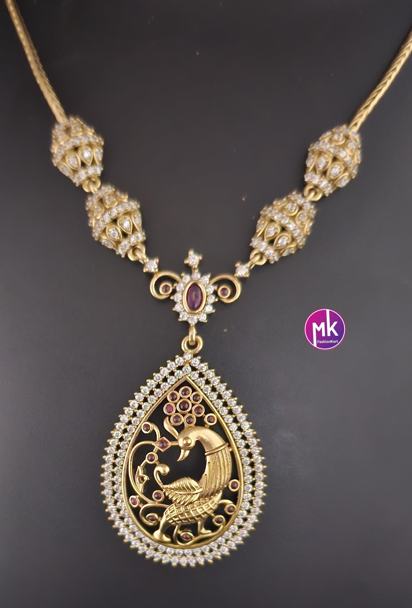 Peacock Premium Matte gold finish AD stone necklace with matching Big Earrings - Traditional Jewelry - Mk Fashionkart
